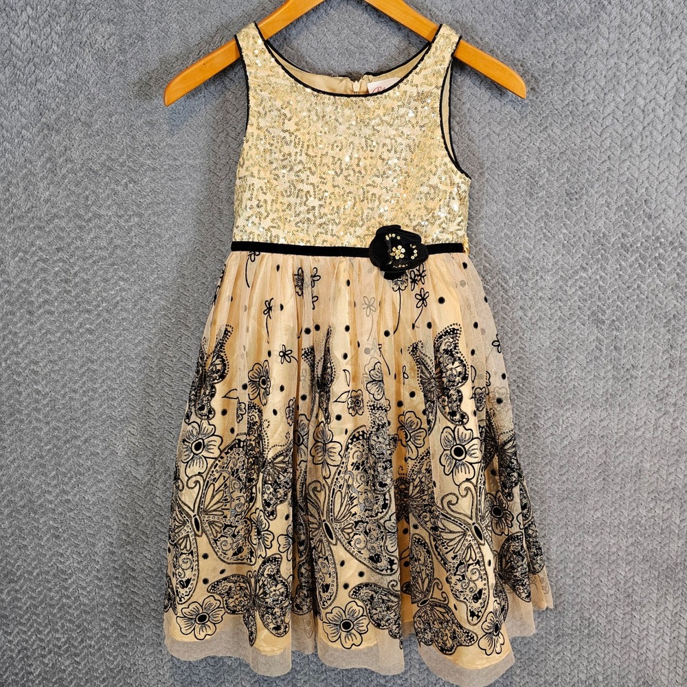 Bloome de Jeune Fille Girls 12 Gold Sequin Butterfly Tulle Party Dress Black Bow